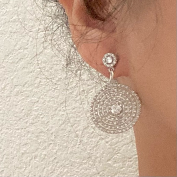 Silver-tone CZ Cubic Zirconia Round Swirl Web Pave Drop Earrings - Picture 2 of 13